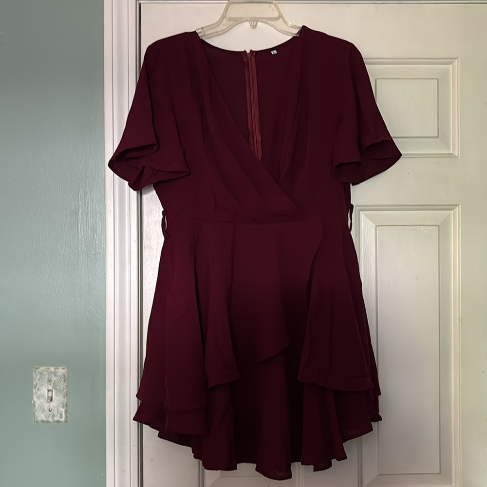 Red Asymmetrical Ruffled Wrap Dress - Picture 4 of 5